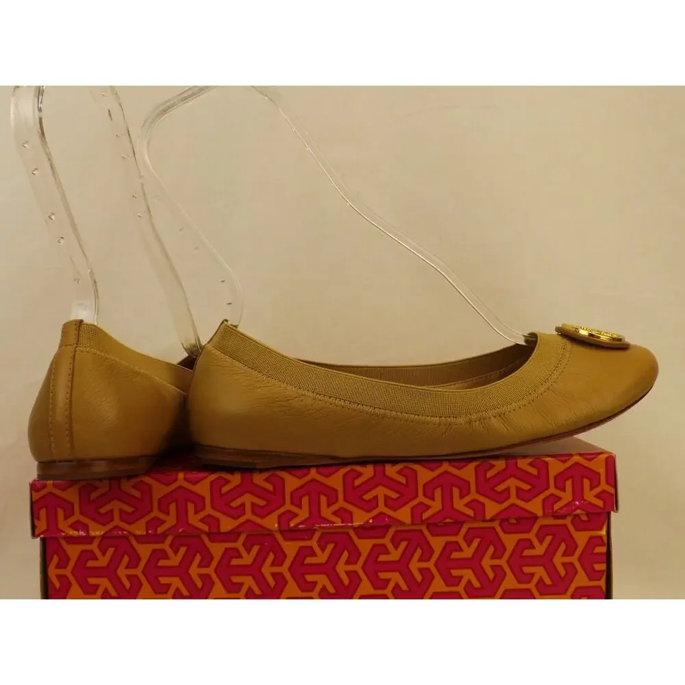 NIB TORY BURCH CAROLINE 2 DARK SAND LEATHER GOLD REVA NELLIE BALLET FLATS 7.5
